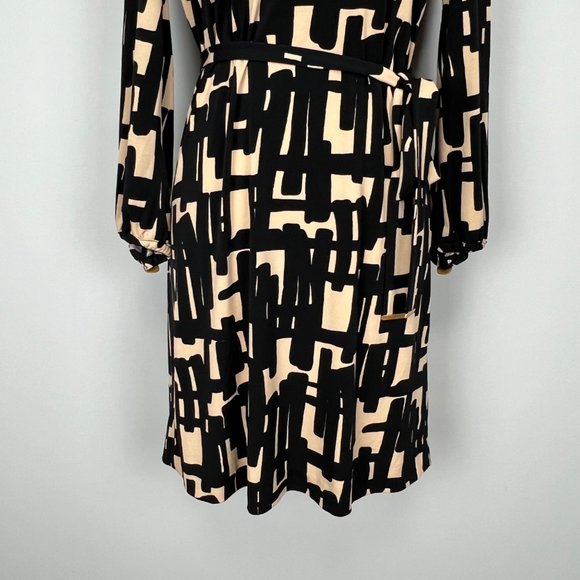 Tahari Womens Long Sleeve Belted Dress Tan Black Abstract Geo Print size 2 - Picture 5 of 12